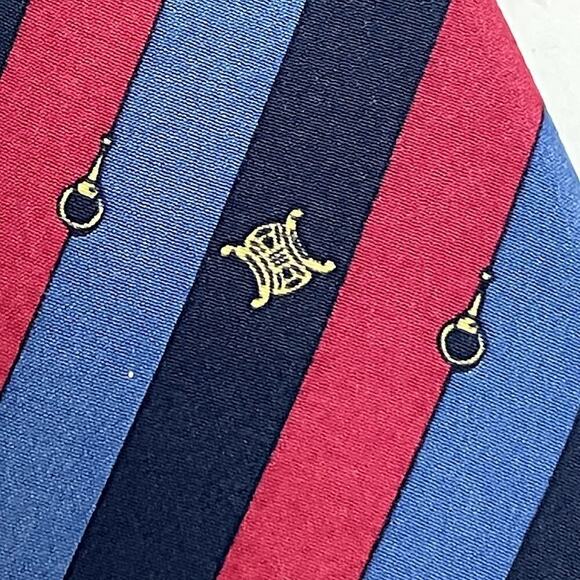 Celine Paris Luxury Designer Necktie Gold Red Blue Striped Logo - Picture 6 of 6